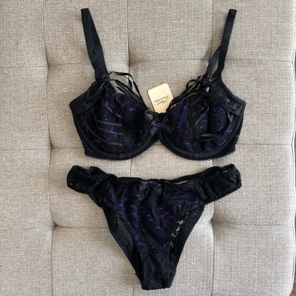 NWT! AGENT PROVOCATEUR RUDY BRA BLACK PURPLE SET Bra 36DD, Panties 4(L) - Picture 5 of 13